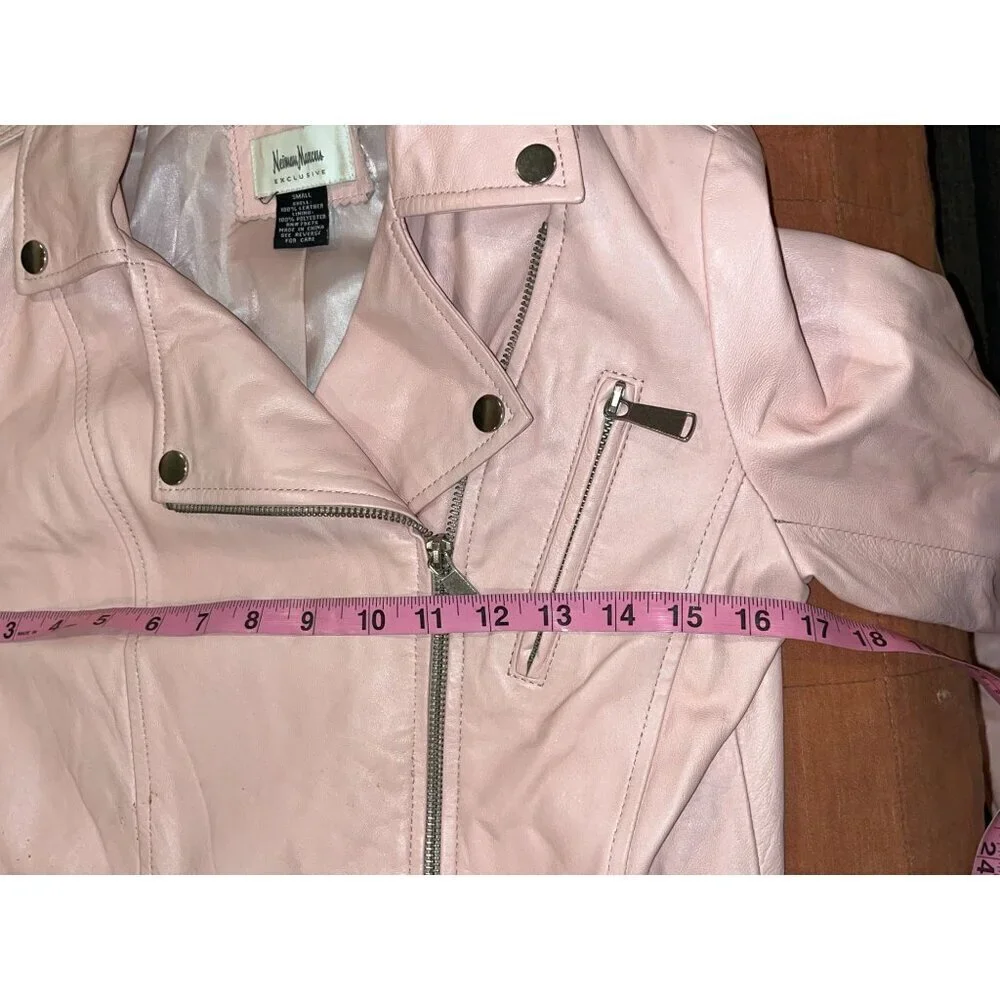 Neiman Marcus Genuine Pink Leather Zipper Pockets Moto Jacket Women's Size S